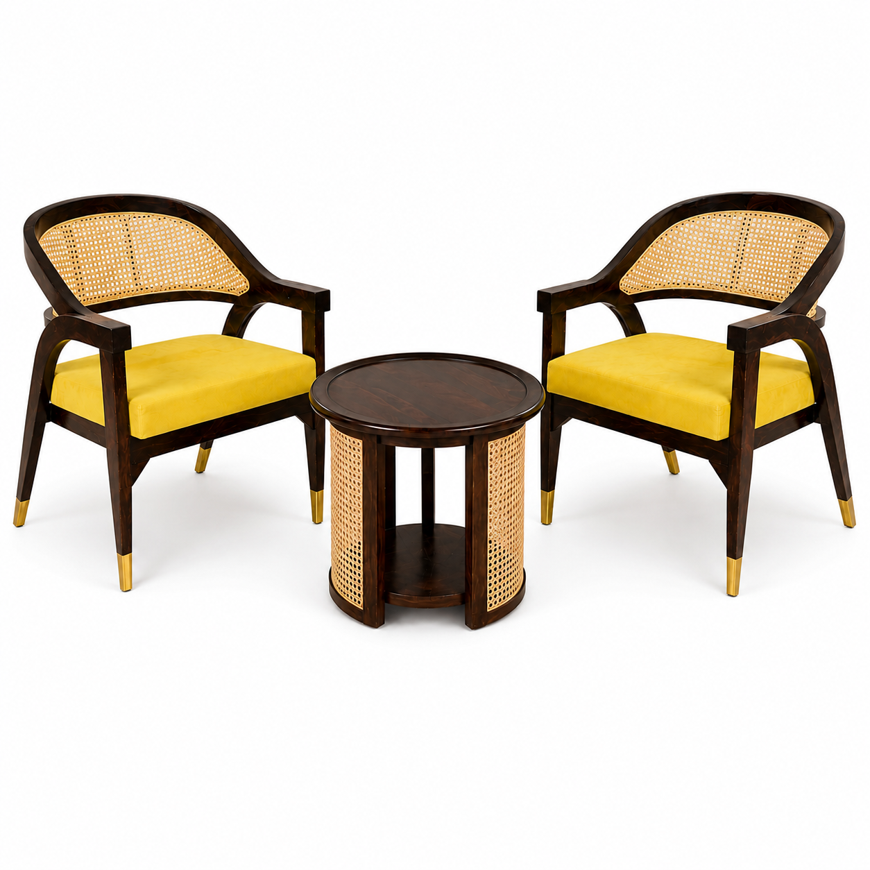 Luxury Sheesham Wood Coffee Table Set with 2 Natural Cane Chairs | Handcrafted Living Room Furniture