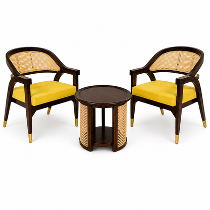 Luxury Sheesham Wood Coffee Table Set with 2 Natural Cane Chairs | Handcrafted Living Room Furniture