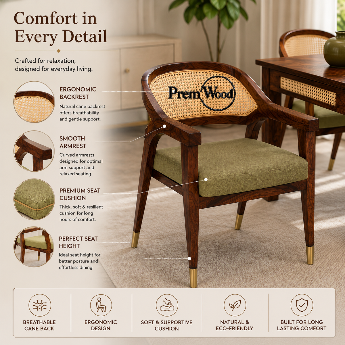 PremWood Solid Sheesham Wood 6 Seater Dining Table Set with Cane Back Cushioned Chairs – Honey Finish