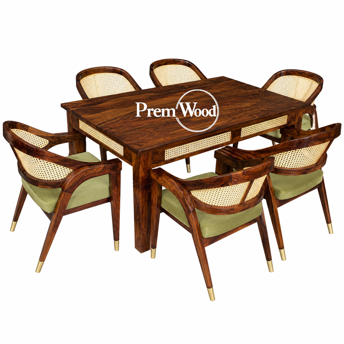 PremWood Solid Sheesham Wood 6 Seater Dining Table Set with Cane Back Cushioned Chairs – Honey Finish