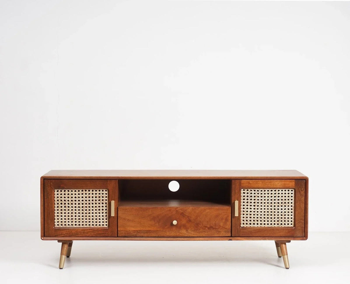 Premwood Solid Wood Rattan Cane TV Cabinet | Mid-Century Entertainment Unit | Brown Finish