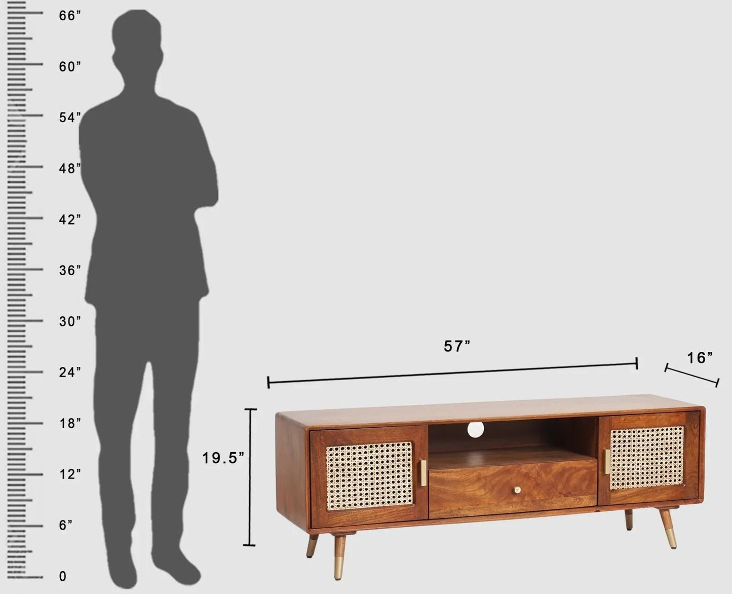 Premwood Solid Wood Rattan Cane TV Cabinet | Mid-Century Entertainment Unit | Brown Finish