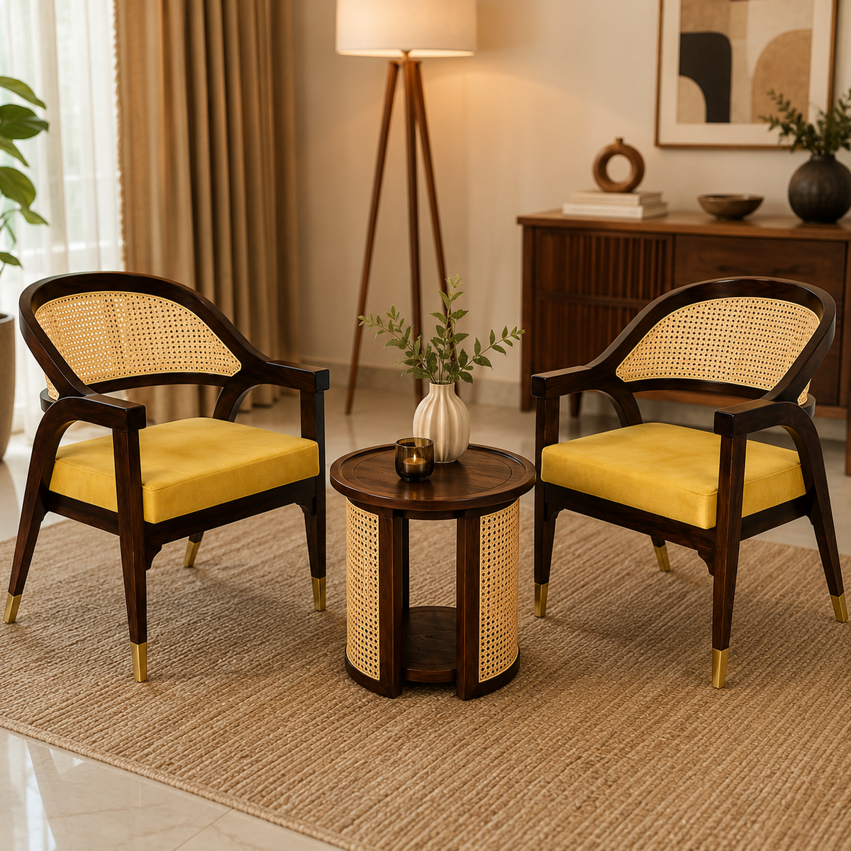 Luxury Sheesham Wood Coffee Table Set with 2 Natural Cane Chairs | Handcrafted Living Room Furniture