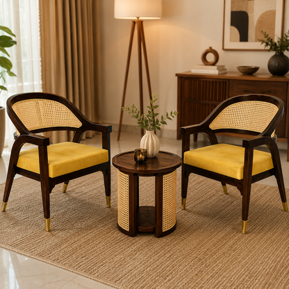 Luxury Sheesham Wood Coffee Table Set with 2 Natural Cane Chairs | Handcrafted Living Room Furniture