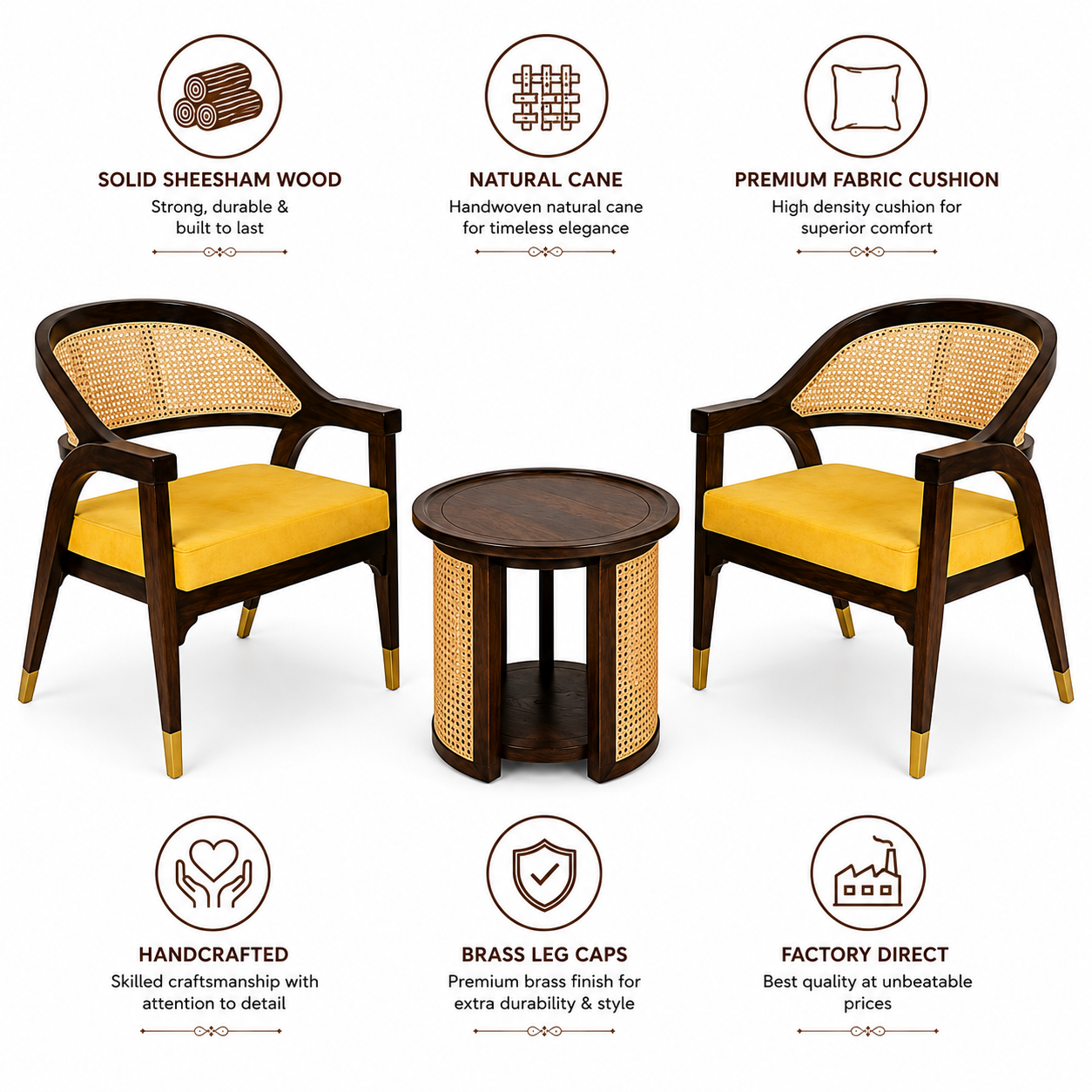 Luxury Sheesham Wood Coffee Table Set with 2 Natural Cane Chairs | Handcrafted Living Room Furniture