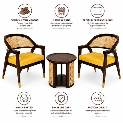 Luxury Sheesham Wood Coffee Table Set with 2 Natural Cane Chairs | Handcrafted Living Room Furniture