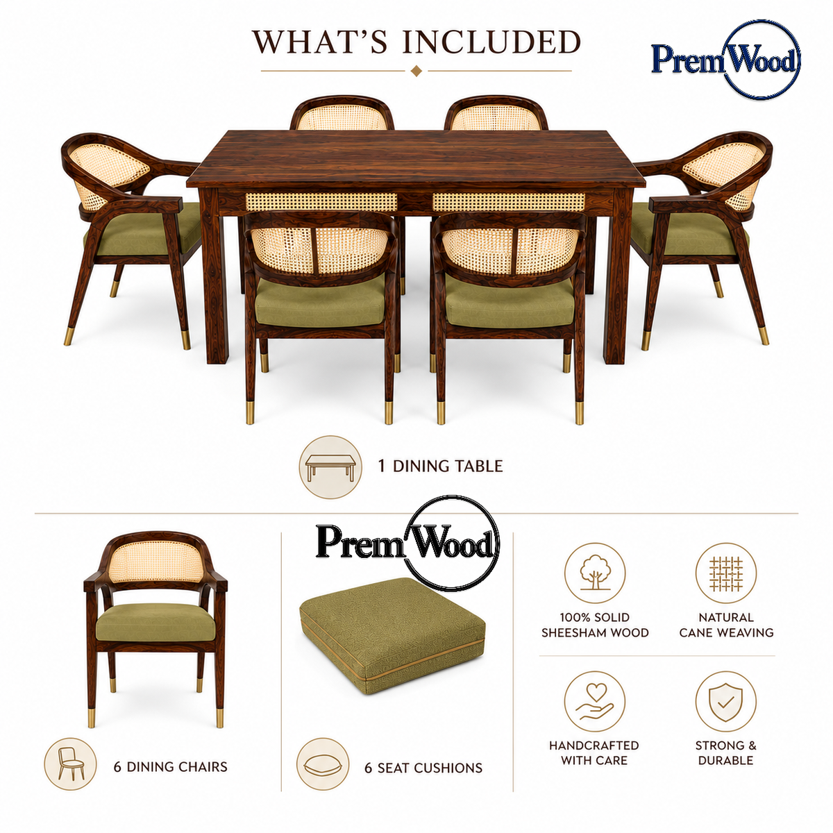 PremWood Solid Sheesham Wood 6 Seater Dining Table Set with Cane Back Cushioned Chairs – Honey Finish