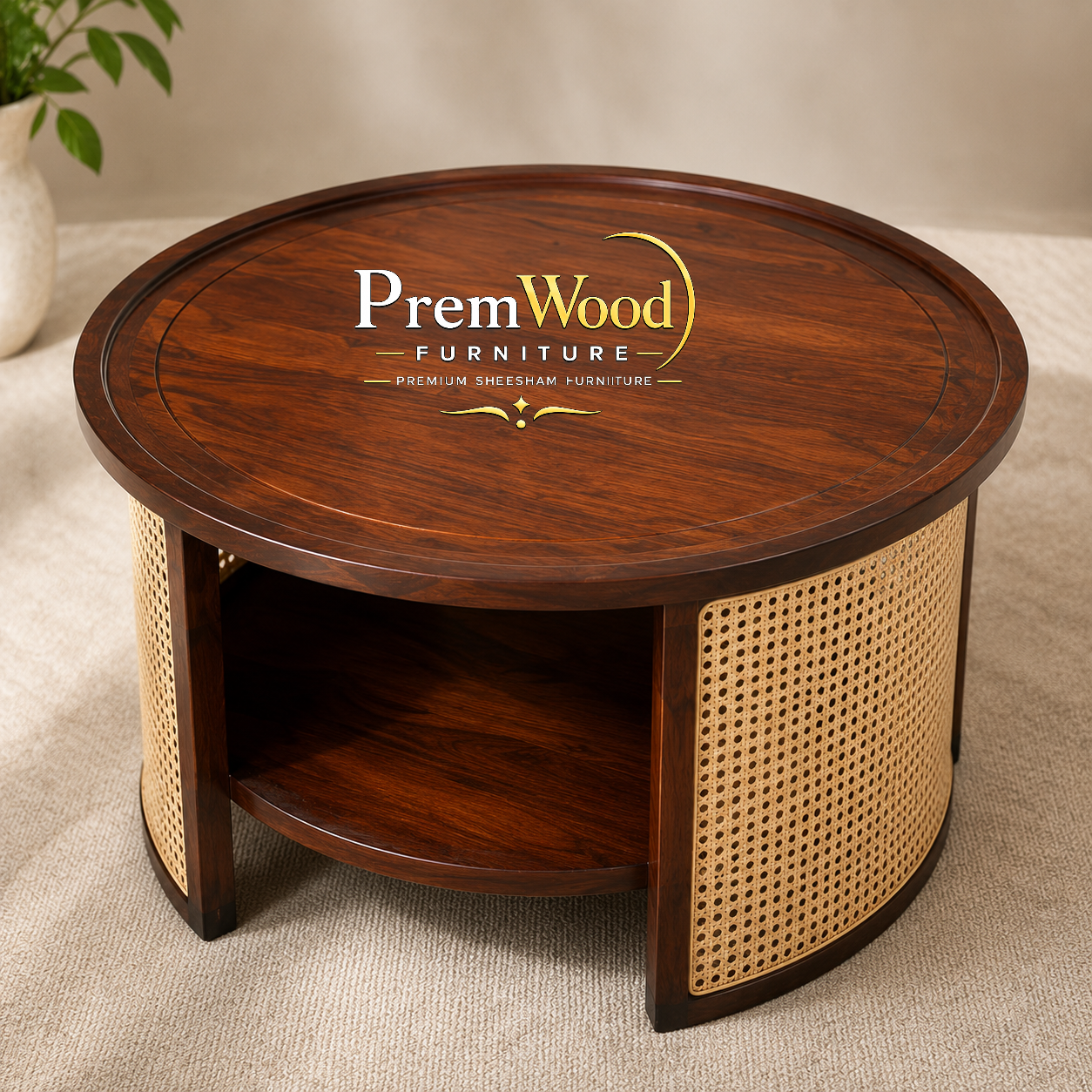 PremWood Luxury Solid Sheesham Wood & Natural Cane 3 Seater Sofa Set with Coffee Table & 2 Chairs | Premium Living Room Furniture