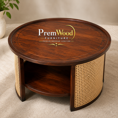 PremWood Luxury Solid Sheesham Wood & Natural Cane 3 Seater Sofa Set with Coffee Table & 2 Chairs | Premium Living Room Furniture