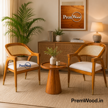 PremWood Solid Sheesham Wood Rattan Coffee Table Set | 2 Lounge Chairs + 1 Coffee Table