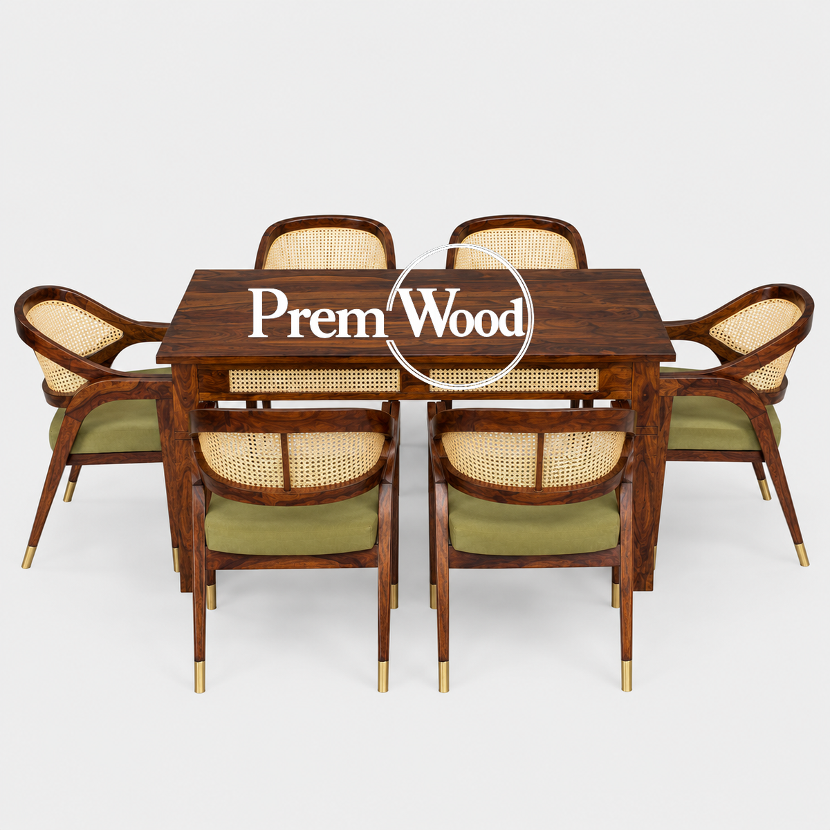 PremWood Solid Sheesham Wood 6 Seater Dining Table Set with Cane Back Cushioned Chairs – Honey Finish