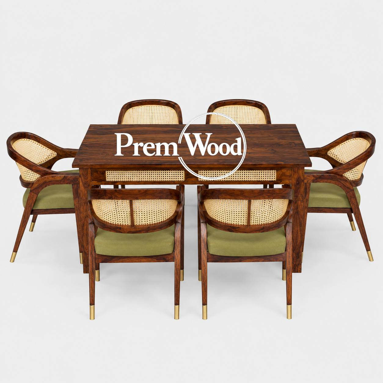 PremWood Solid Sheesham Wood 6 Seater Dining Table Set with Cane Back Cushioned Chairs – Honey Finish