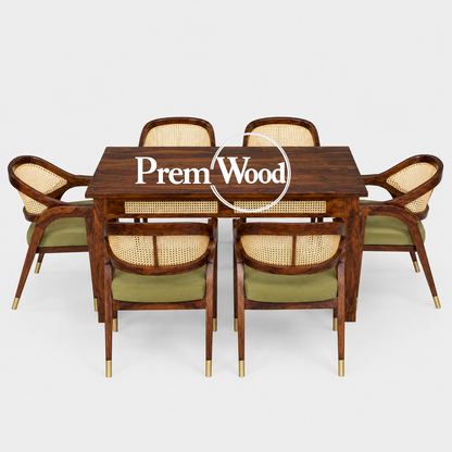 PremWood Solid Sheesham Wood 6 Seater Dining Table Set with Cane Back Cushioned Chairs – Honey Finish