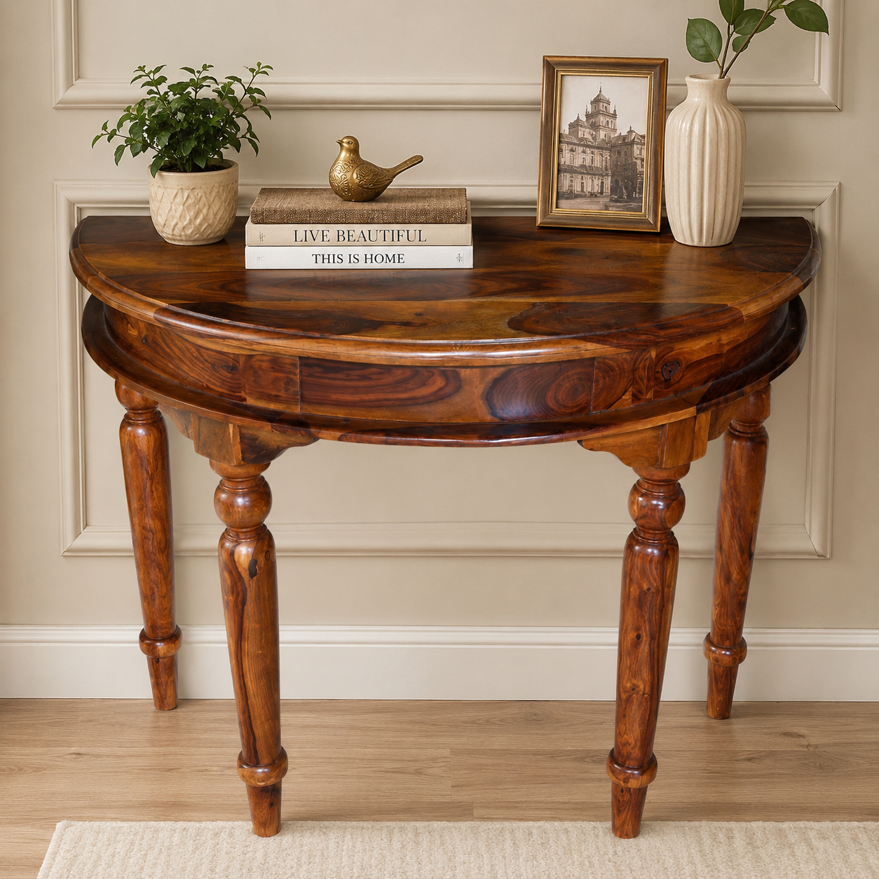 PremWood Solid Sheesham Wood Half Moon Console Table with Storage Drawer | Entryway, Hallway & Living Room Console Table | Honey Finish