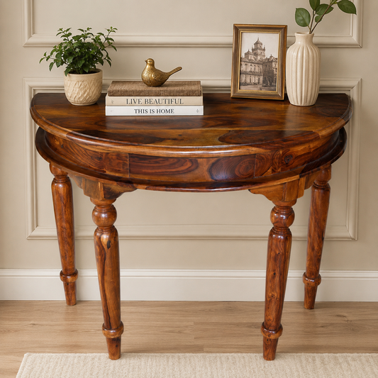 PremWood Solid Sheesham Wood Half Moon Console Table with Storage Drawer | Entryway, Hallway & Living Room Console Table | Honey Finish