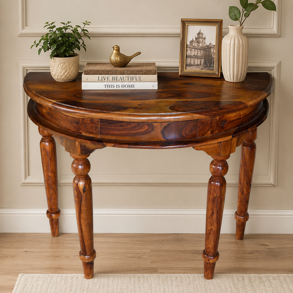 PremWood Solid Sheesham Wood Half Moon Console Table with Storage Drawer | Entryway, Hallway & Living Room Console Table | Honey Finish