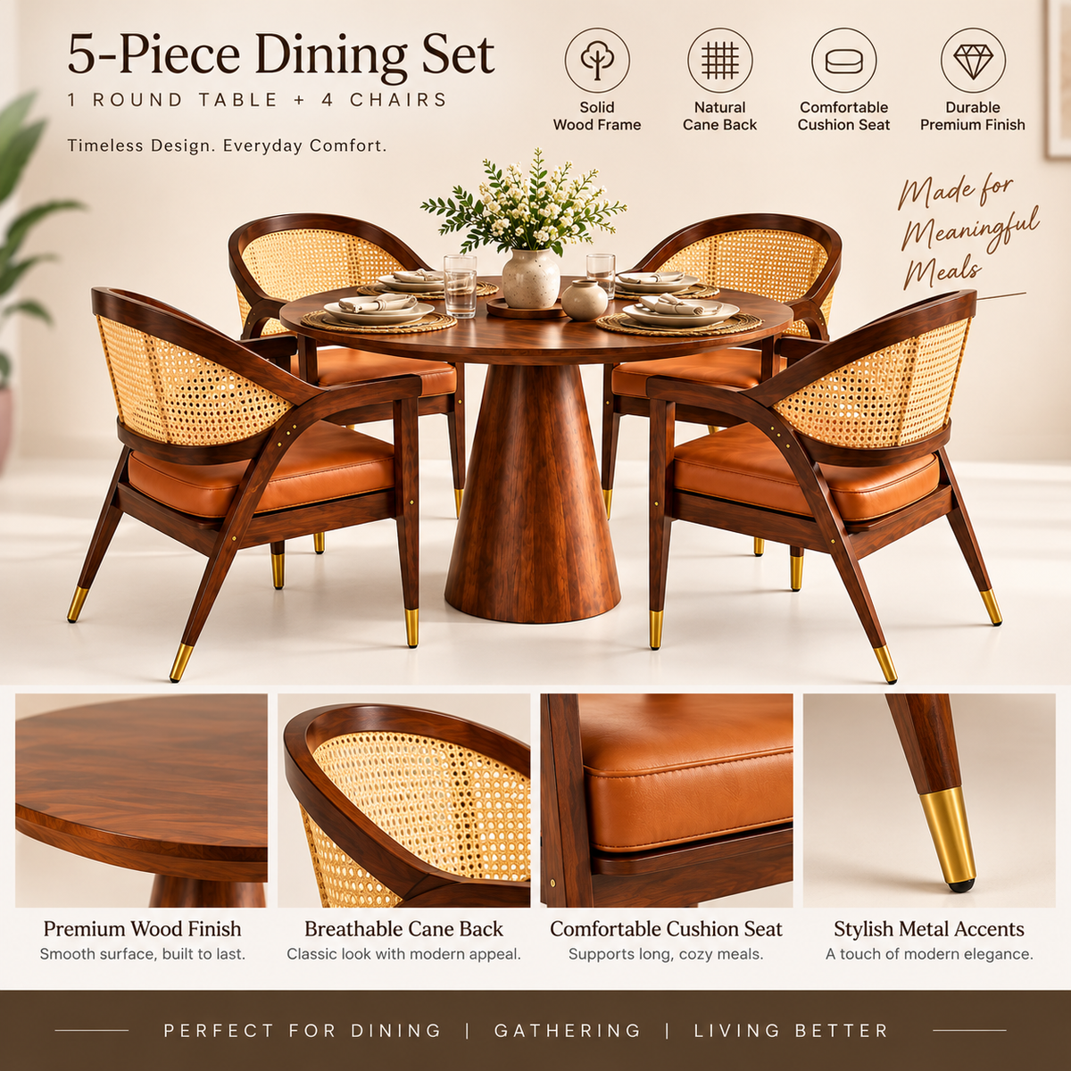 PremWood Solid Sheesham Wood Round Dining Table Set with 4 Cane Back Chairs | Modern Luxury Dining Set for Home & Dining Room
