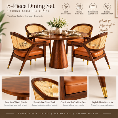 PremWood Solid Sheesham Wood Round Dining Table Set with 4 Cane Back Chairs | Modern Luxury Dining Set for Home & Dining Room