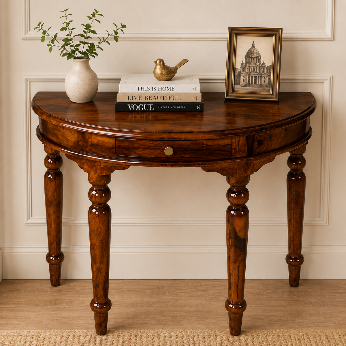 PremWood Solid Sheesham Wood Half Moon Console Table with Storage Drawer | Entryway, Hallway & Living Room Console Table | Honey Finish