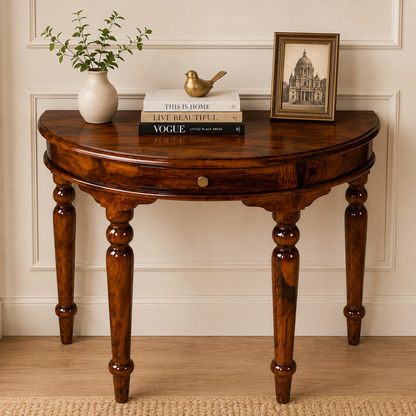 PremWood Solid Sheesham Wood Half Moon Console Table with Storage Drawer | Entryway, Hallway & Living Room Console Table | Honey Finish