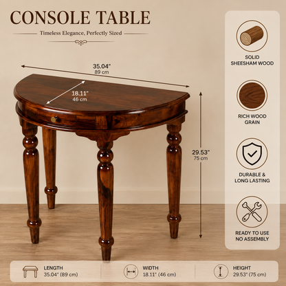 PremWood Solid Sheesham Wood Half Moon Console Table with Storage Drawer | Entryway, Hallway & Living Room Console Table | Honey Finish