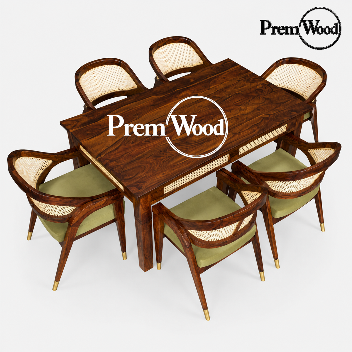 PremWood Solid Sheesham Wood 6 Seater Dining Table Set with Cane Back Cushioned Chairs – Honey Finish