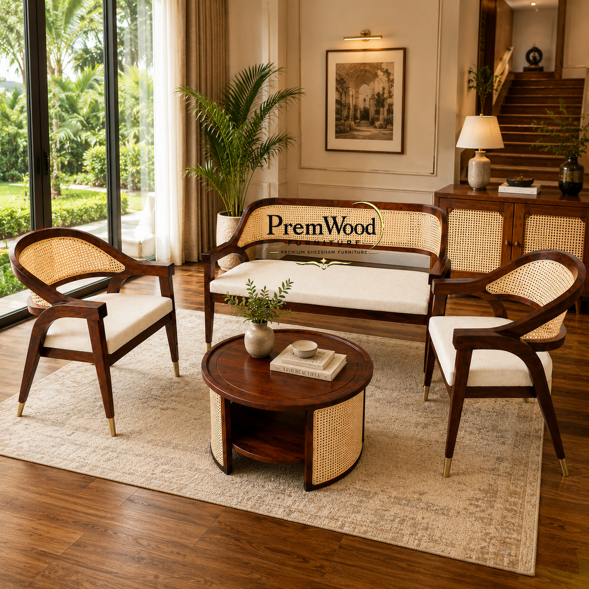 PremWood Luxury Solid Sheesham Wood & Natural Cane 3 Seater Sofa Set with Coffee Table & 2 Chairs | Premium Living Room Furniture