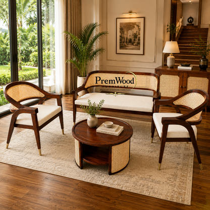 PremWood Luxury Solid Sheesham Wood & Natural Cane 3 Seater Sofa Set with Coffee Table & 2 Chairs | Premium Living Room Furniture