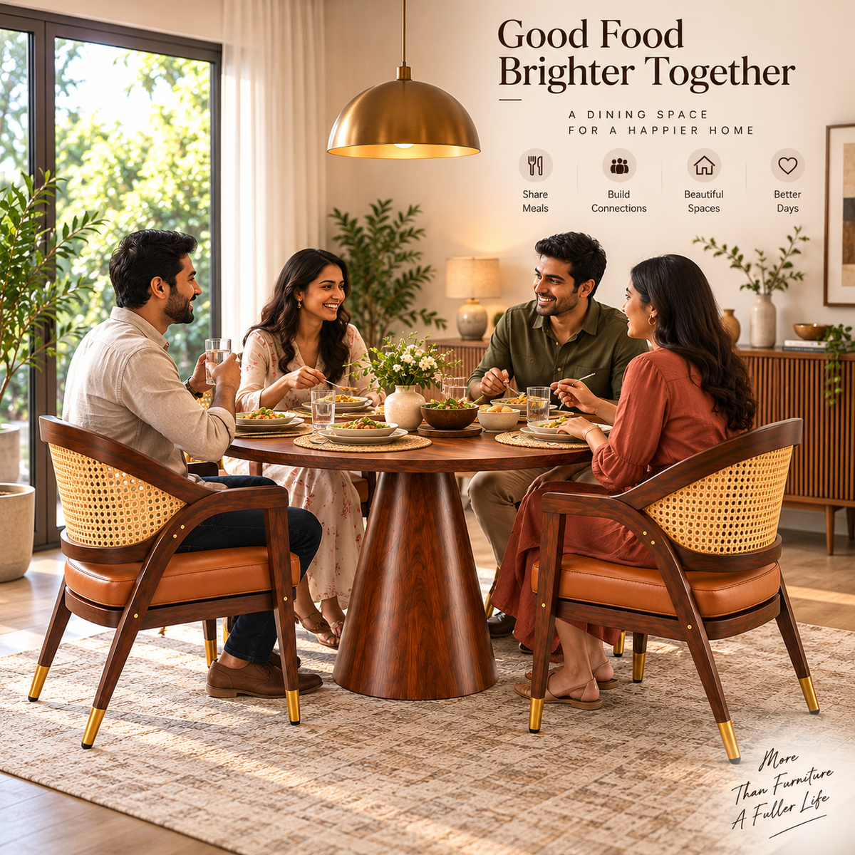 PremWood Solid Sheesham Wood Round Dining Table Set with 4 Cane Back Chairs | Modern Luxury Dining Set for Home & Dining Room