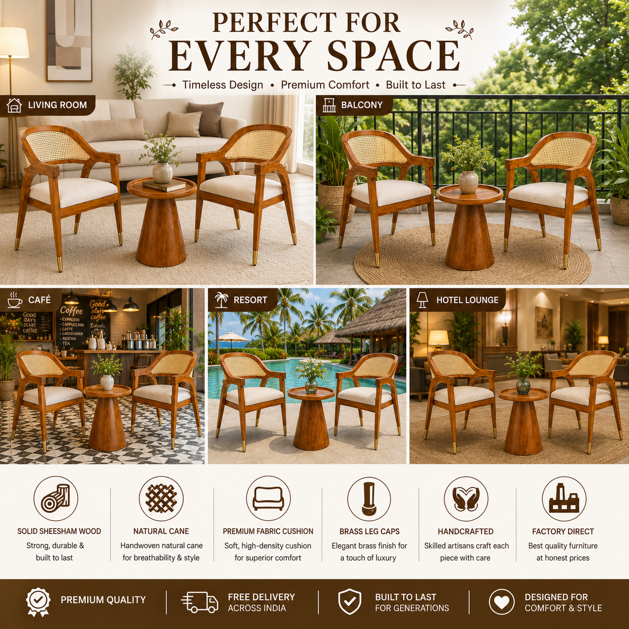 PremWood Solid Sheesham Wood Rattan Coffee Table Set | 2 Lounge Chairs + 1 Coffee Table