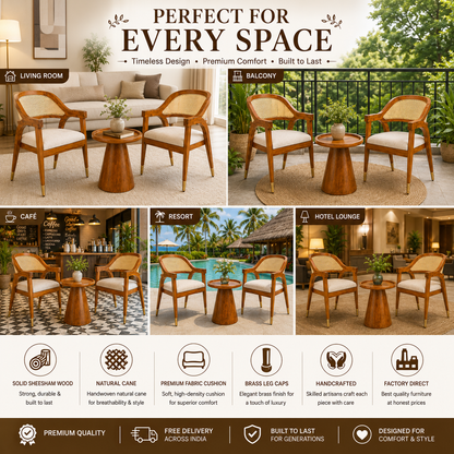 PremWood Solid Sheesham Wood Rattan Coffee Table Set | 2 Lounge Chairs + 1 Coffee Table