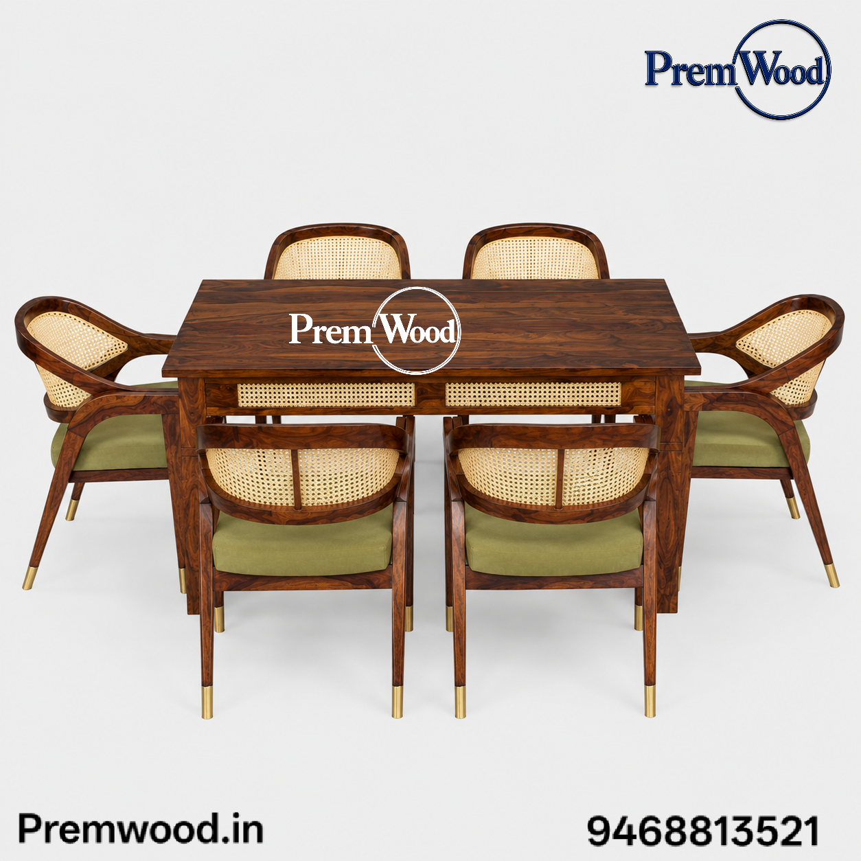 PremWood Solid Sheesham Wood 6 Seater Dining Table Set with Cane Back Cushioned Chairs – Honey Finish