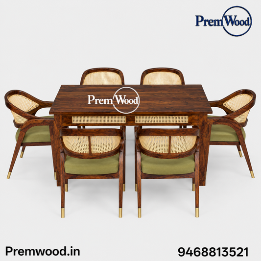 PremWood Solid Sheesham Wood 6 Seater Dining Table Set with Cane Back Cushioned Chairs – Honey Finish