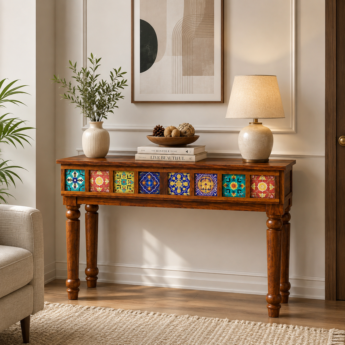 Premwood Handcrafted Solid Wood Console Table with Colorful Ceramic Tile Inlay | 40 Inch Entryway, Hallway & Living Room Accent Console Table