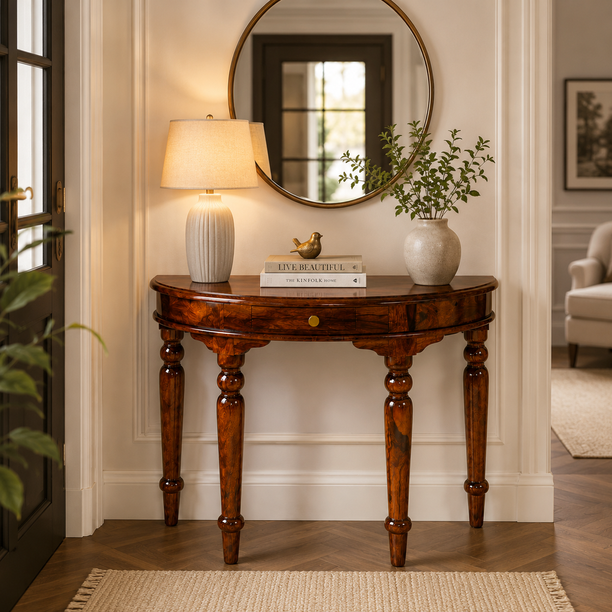PremWood Solid Sheesham Wood Half Moon Console Table with Storage Drawer | Entryway, Hallway & Living Room Console Table | Honey Finish