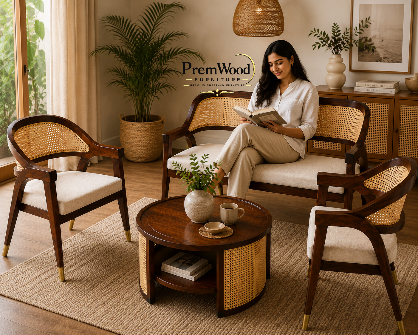 PremWood Luxury Solid Sheesham Wood & Natural Cane 3 Seater Sofa Set with Coffee Table & 2 Chairs | Premium Living Room Furniture