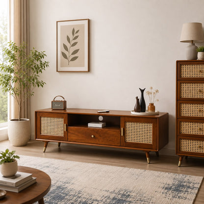 Premwood Solid Wood Rattan Cane TV Cabinet | Mid-Century Entertainment Unit | Brown Finish