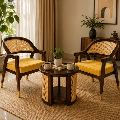 Luxury Sheesham Wood Coffee Table Set with 2 Natural Cane Chairs | Handcrafted Living Room Furniture