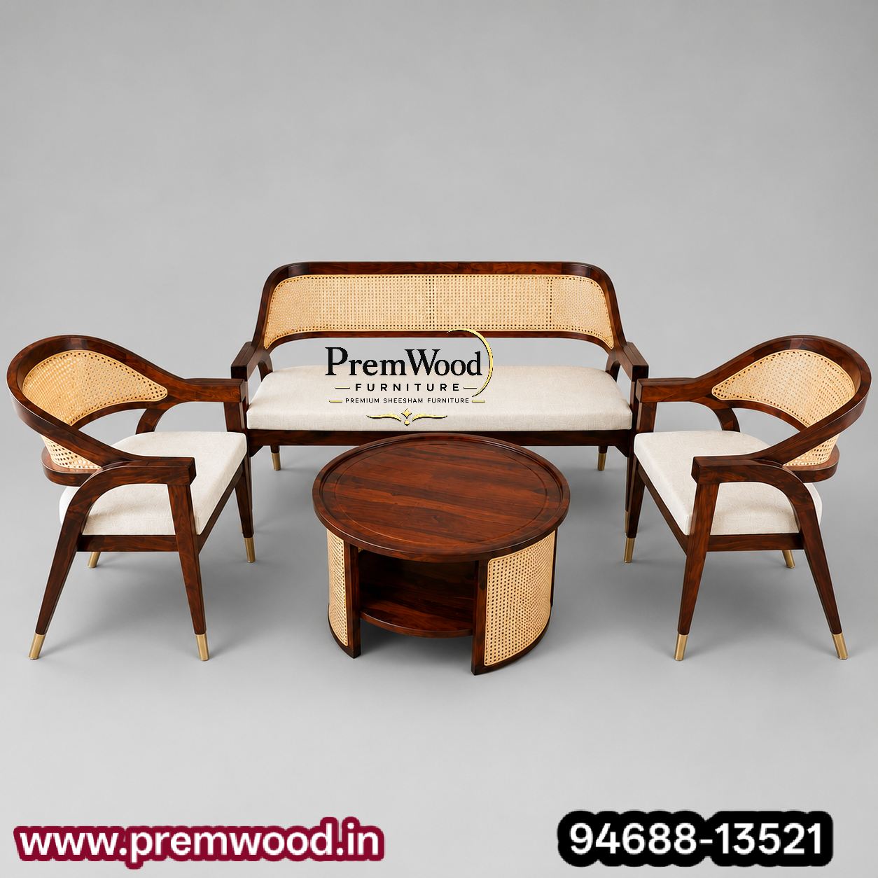PremWood Luxury Solid Sheesham Wood & Natural Cane 3 Seater Sofa Set with Coffee Table & 2 Chairs | Premium Living Room Furniture