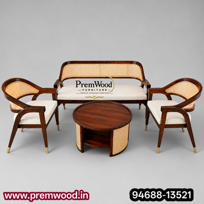 PremWood Luxury Solid Sheesham Wood & Natural Cane 3 Seater Sofa Set with Coffee Table & 2 Chairs | Premium Living Room Furniture