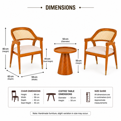 PremWood Solid Sheesham Wood Rattan Coffee Table Set | 2 Lounge Chairs + 1 Coffee Table