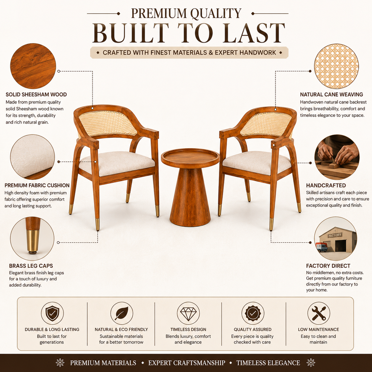 PremWood Solid Sheesham Wood Rattan Coffee Table Set | 2 Lounge Chairs + 1 Coffee Table