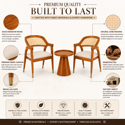 PremWood Solid Sheesham Wood Rattan Coffee Table Set | 2 Lounge Chairs + 1 Coffee Table