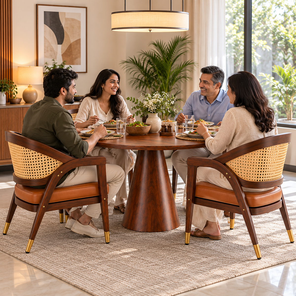 PremWood Solid Sheesham Wood Round Dining Table Set with 4 Cane Back Chairs | Modern Luxury Dining Set for Home & Dining Room